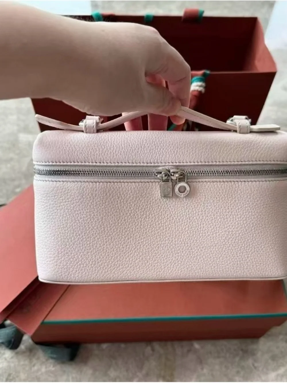 Loro Piana Light Pink Pebbled Leather Top-Zip Satchel